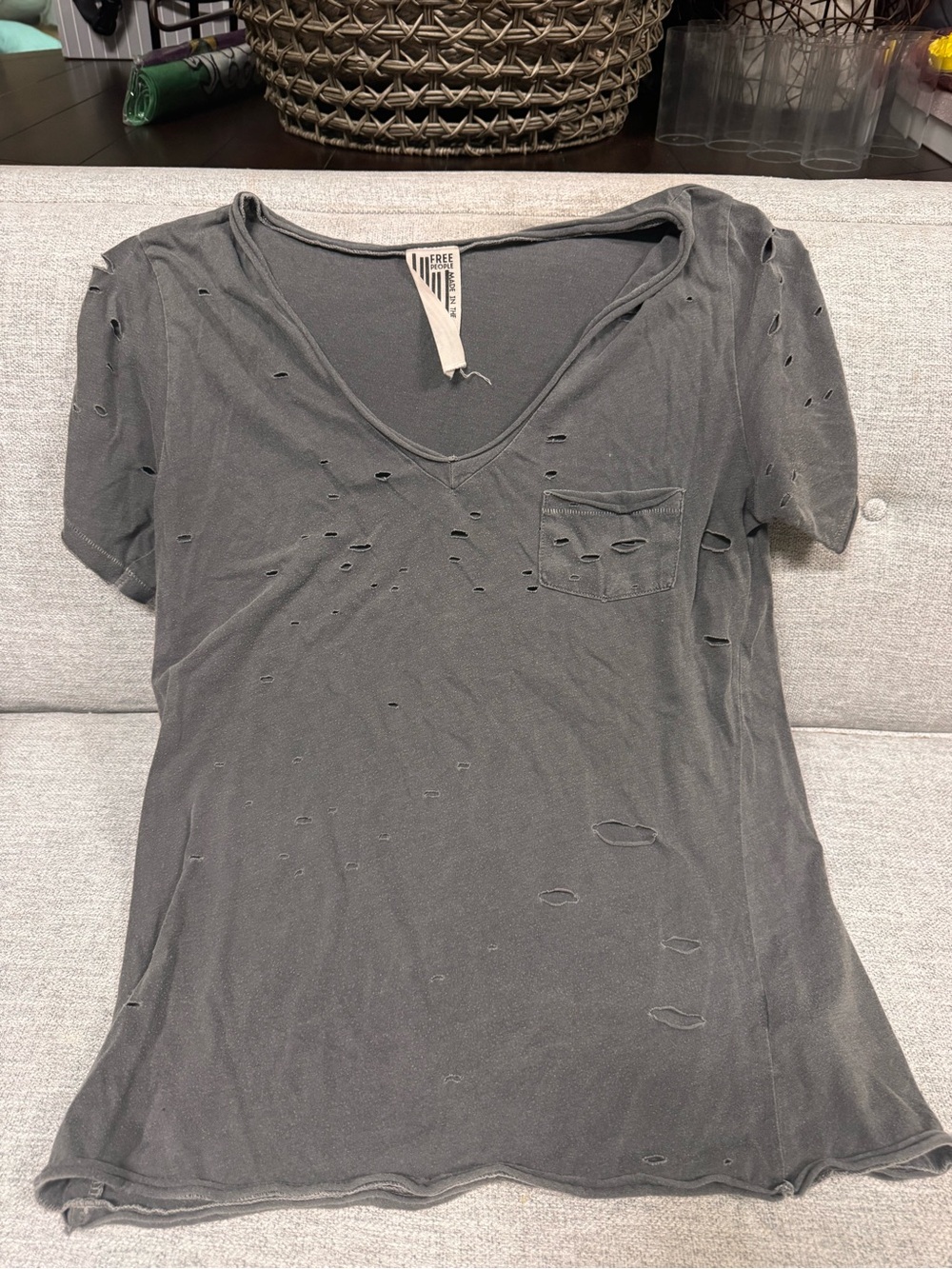 Free People Gray Distressed V-Neck Pocket Tee